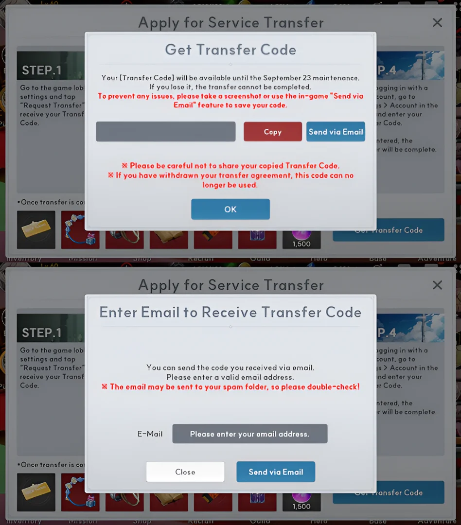 Transfer code issuance and save options